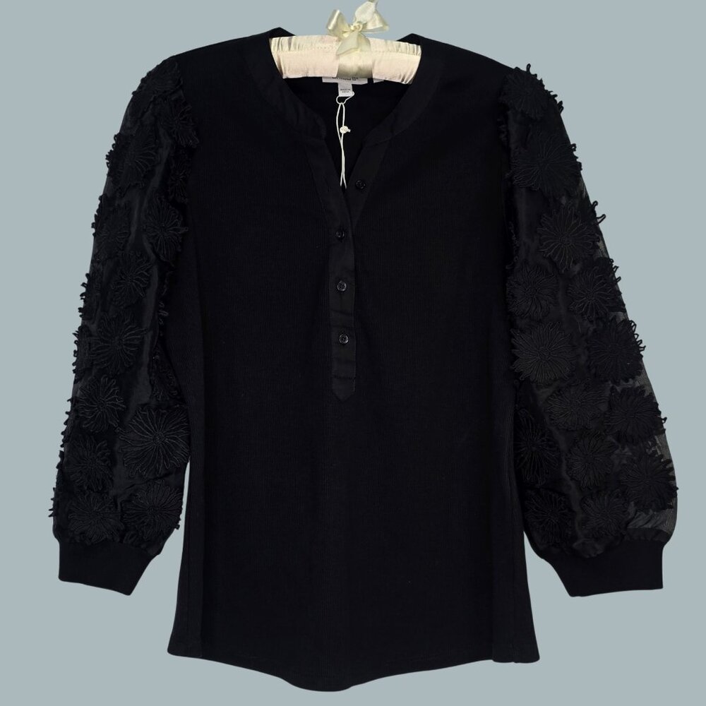Chico’s Black Blouse with Textured Floral Balloon Sleeves | Size 1 (M) | NWT